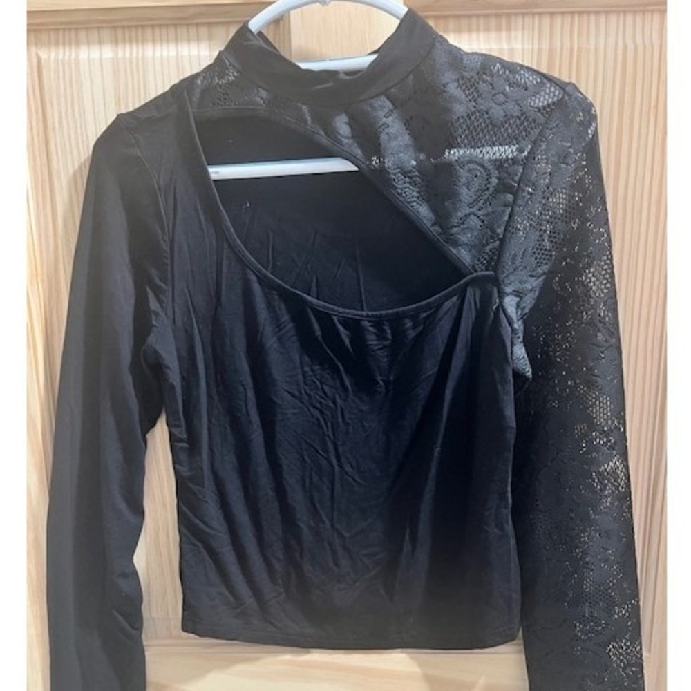 SHEIN Cut-out Lace Top Women XL Black Asymmetrical Long Sleeve Mock Neck